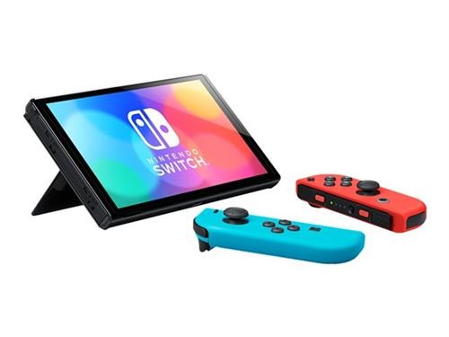 Nintendo-Switch-modele-OLED-avec-manettes-Joy-Con-bleu-neon-rouge-neon (1) Nintendo Switch (OLED-Modell) mit neonblauen/neonroten Joy-Con-Controllern – Bild 1
