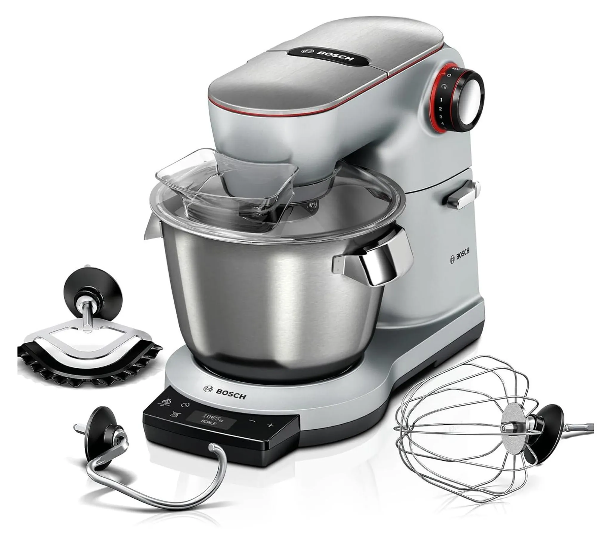 c69206dcbe1d9cdffc62abe4cbcec9f0-1.webp Bosch Küchenmaschine OptiMUM MUM9AX5S00, Edelstahl-Schüssel 5,5 L, integrierte Waage und Timer, Planetenrührwerk, Profi-Knethaken, Schlag-, – Bild 1