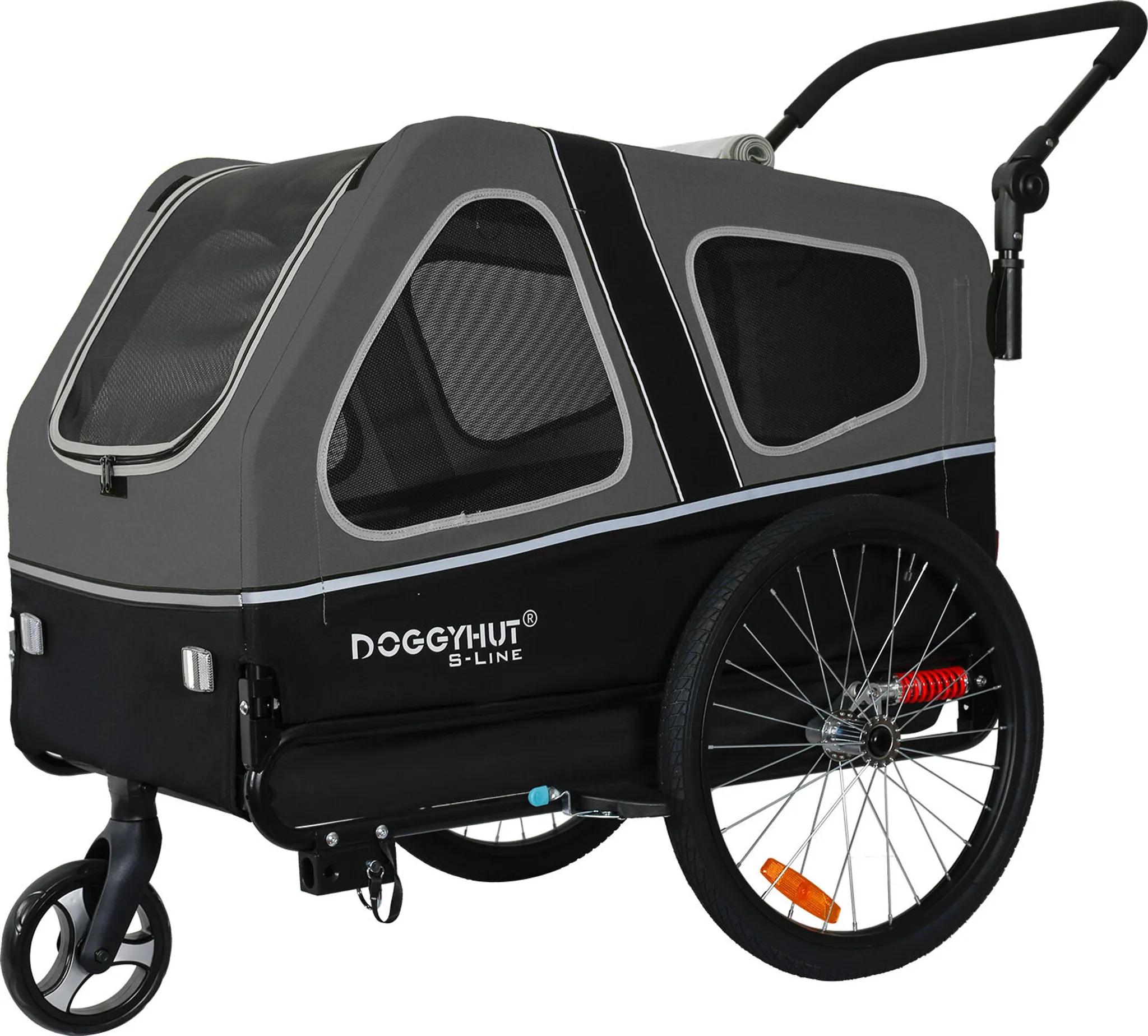 fd9945ebe413b93a0cc239863cacd86e.webp Doggyhut S-Line XXL Hundeanhänger & Hundebuggy mit Federung 2 in 1 Hunde Fahrradanhänger Jogger gefedert bis 45 kg – Bild 1